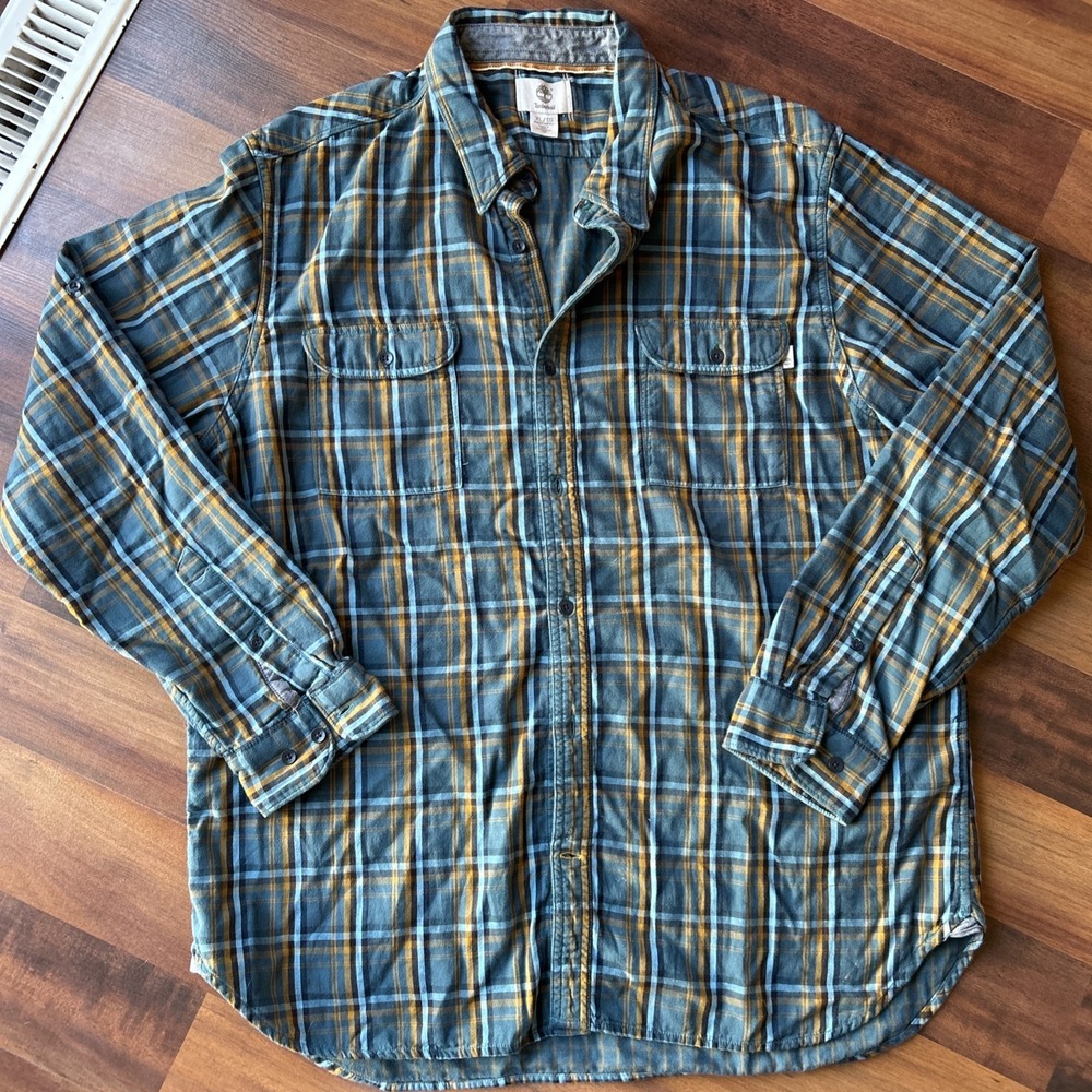 Timberland PRO Woodfort Midweight Flannel Shirt Blue Orange Plaid‎ Men's XL